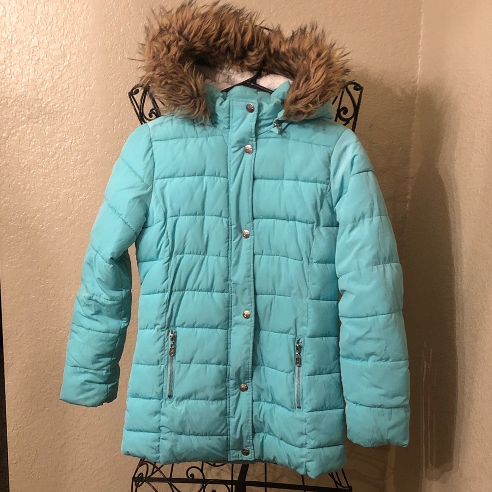 Justice Teal Jacket with Detachable Faux Fur Trimmed Sherpa Hood